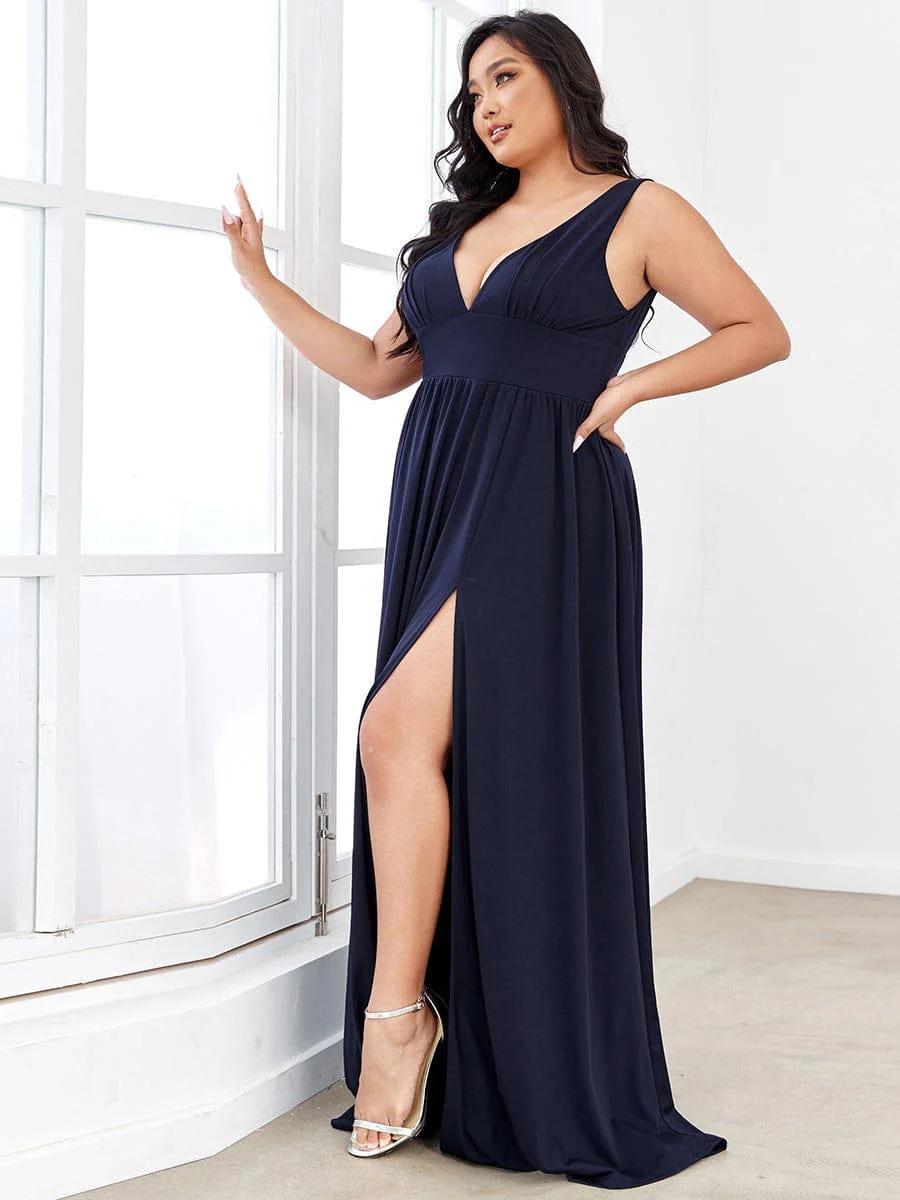 pretty SORAYA|Plus Size Sexy High Slit Sleeveless Empire Waist V-Neck Evening Dress - Image 15