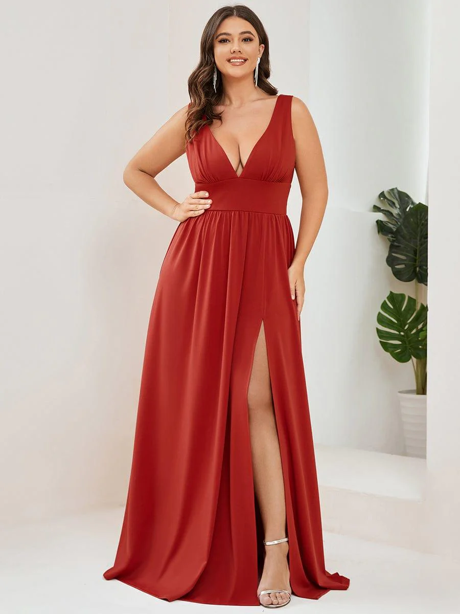 pretty SORAYA|Plus Size Sexy High Slit Sleeveless Empire Waist V-Neck Evening Dress - Image 44