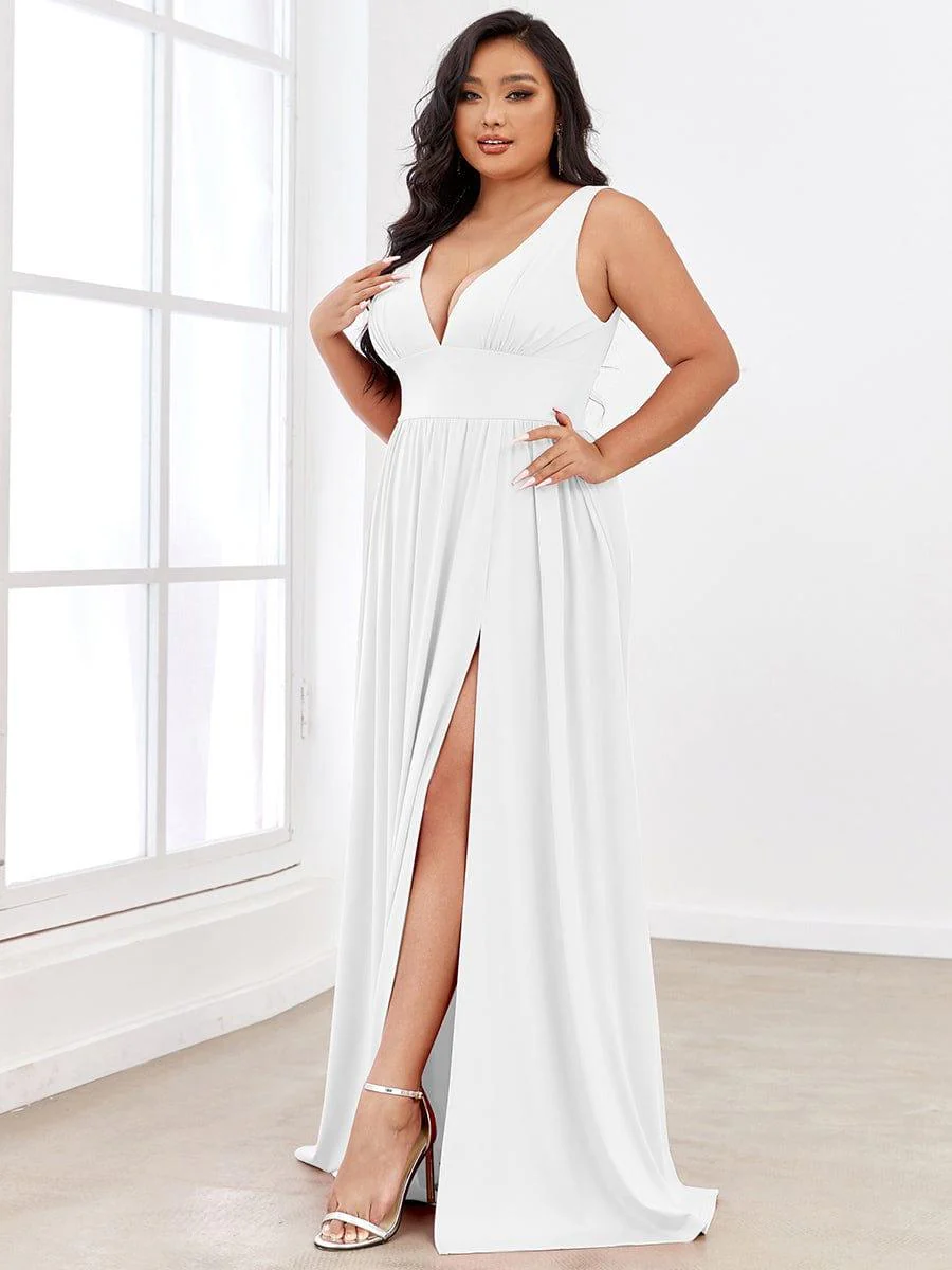 pretty SORAYA|Plus Size Sexy High Slit Sleeveless Empire Waist V-Neck Evening Dress - Image 74