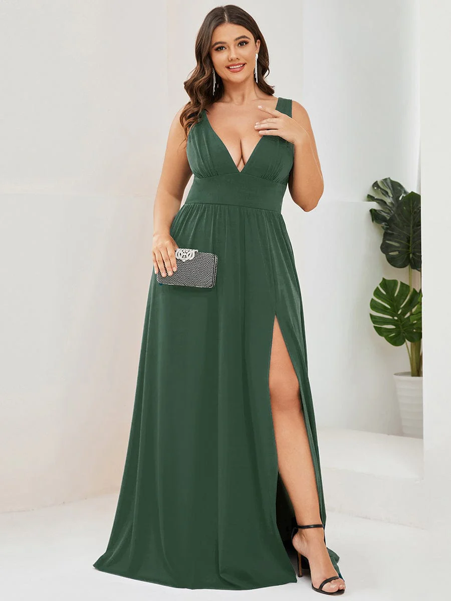 pretty SORAYA|Plus Size Sexy High Slit Sleeveless Empire Waist V-Neck Evening Dress - Image 89