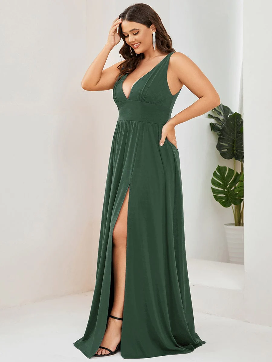 pretty SORAYA|Plus Size Sexy High Slit Sleeveless Empire Waist V-Neck Evening Dress - Image 92