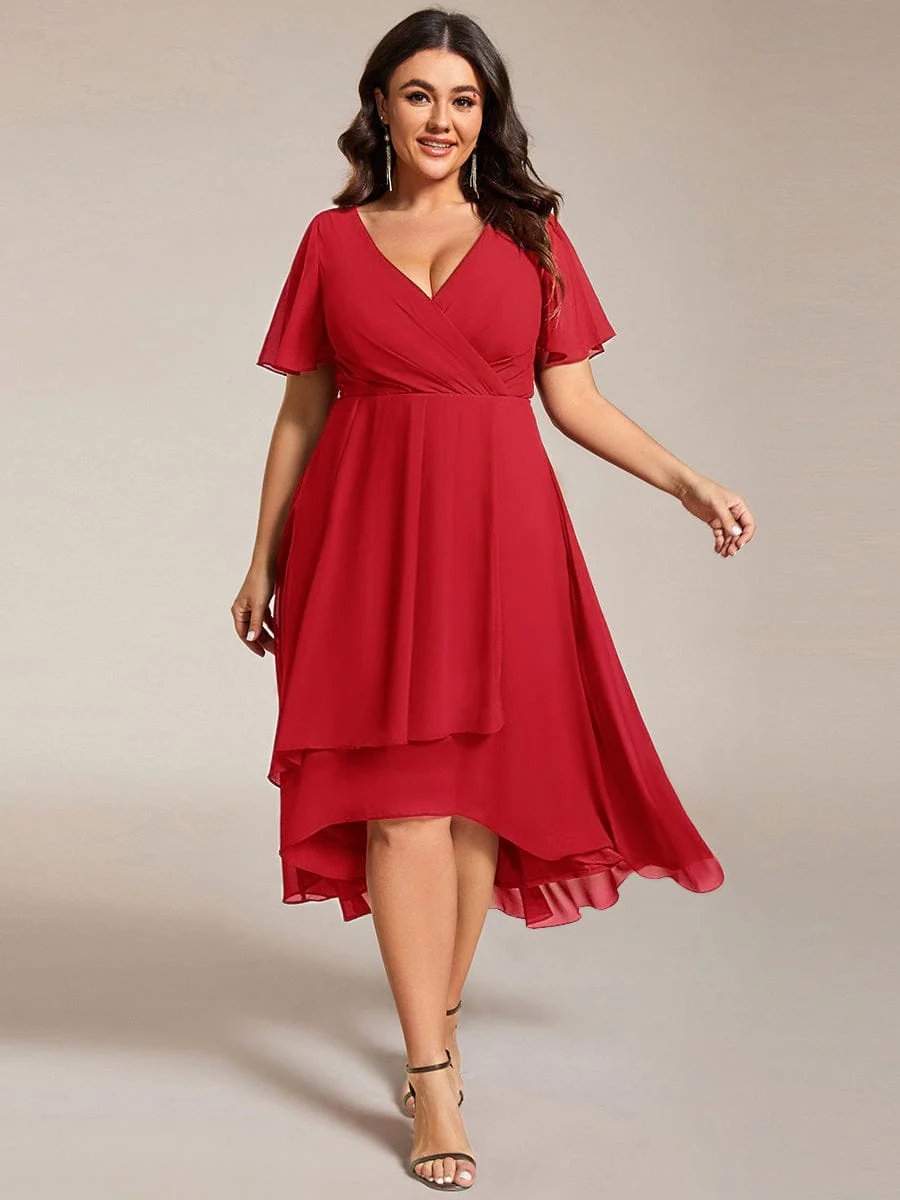 pretty LARK|Plus Size Chiffon Short Sleeve High-Low Wedding Guest Dress - Image 110