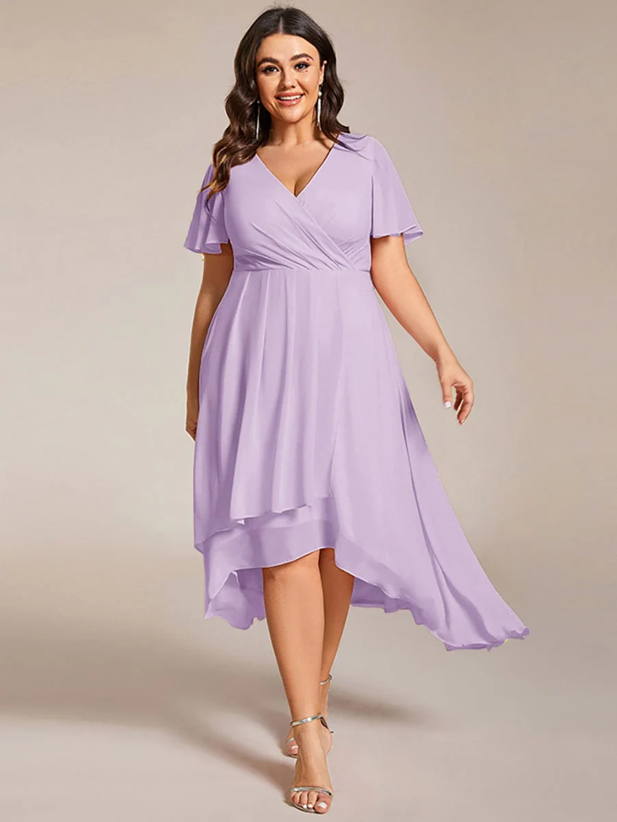 pretty LARK|Plus Size Chiffon Short Sleeve High-Low Wedding Guest Dress - Image 113