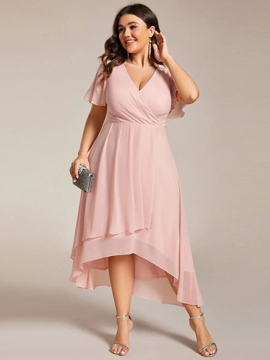 pretty LARK|Plus Size Chiffon Short Sleeve High-Low Wedding Guest Dress - Image 13