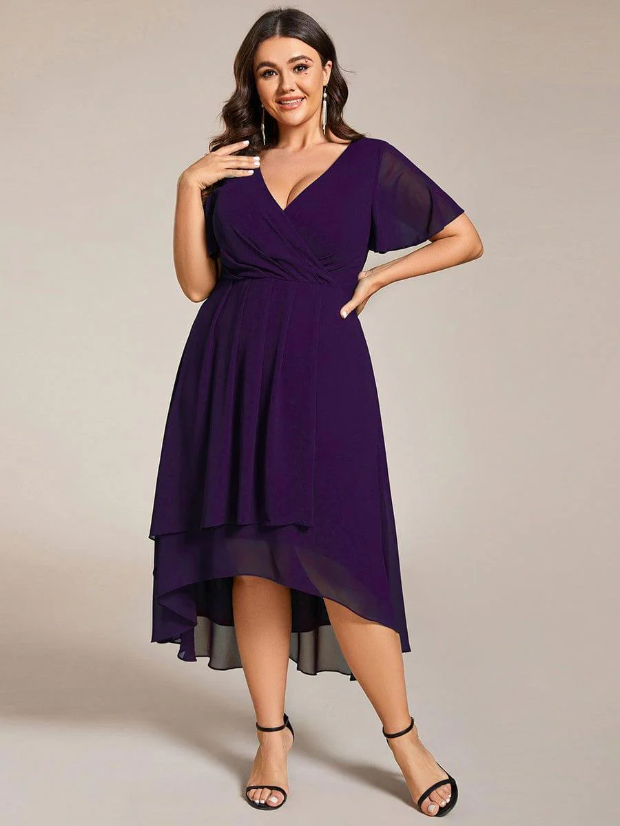 pretty LARK|Plus Size Chiffon Short Sleeve High-Low Wedding Guest Dress - Image 46