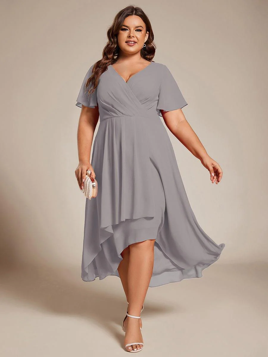 pretty LARK|Plus Size Chiffon Short Sleeve High-Low Wedding Guest Dress - Image 71