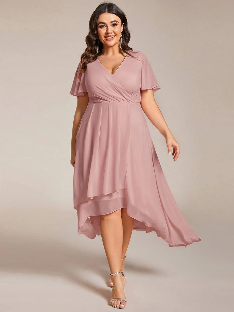 pretty LARK|Plus Size Chiffon Short Sleeve High-Low Wedding Guest Dress - Image 81