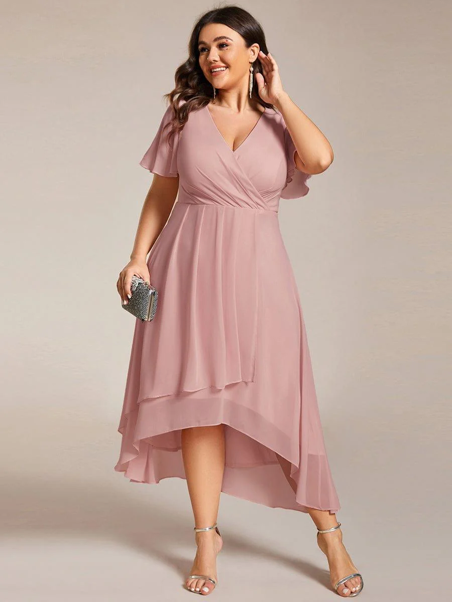 pretty LARK|Plus Size Chiffon Short Sleeve High-Low Wedding Guest Dress - Image 84