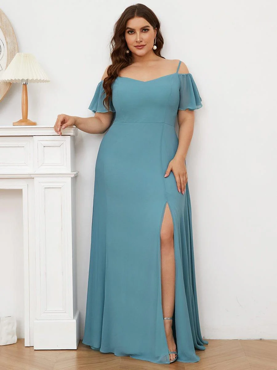 pretty REYA|Plus-Size Cold-Shoulder V-neck Bridesmaid Dress with Side Slit - Image 20