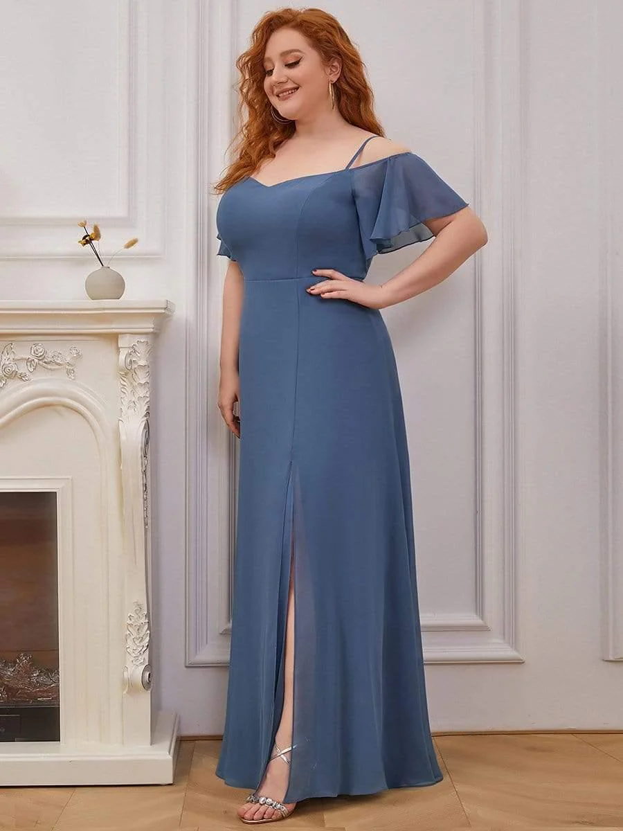 pretty REYA|Plus-Size Cold-Shoulder V-neck Bridesmaid Dress with Side Slit - Image 27