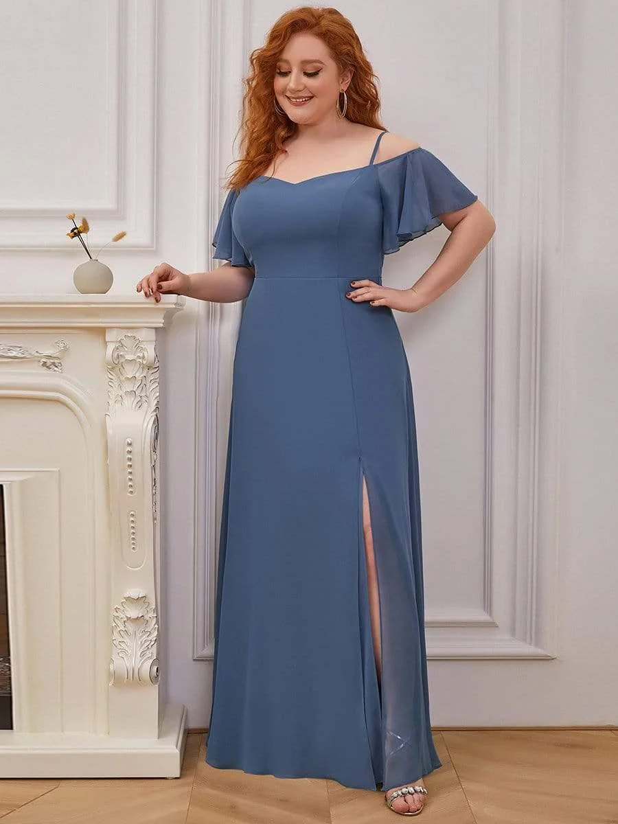 pretty REYA|Plus-Size Cold-Shoulder V-neck Bridesmaid Dress with Side Slit - Image 28