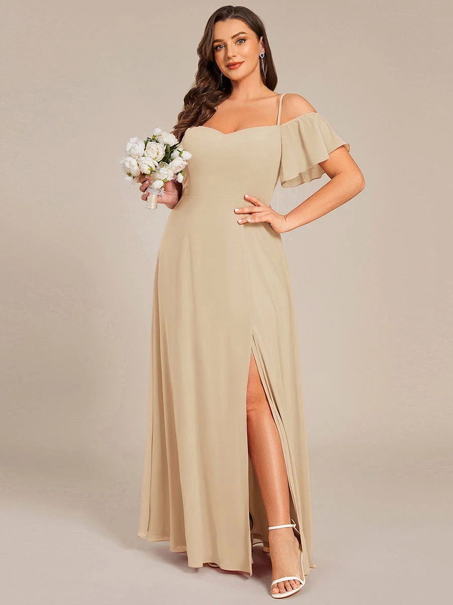 pretty REYA|Plus-Size Cold-Shoulder V-neck Bridesmaid Dress with Side Slit - Image 86