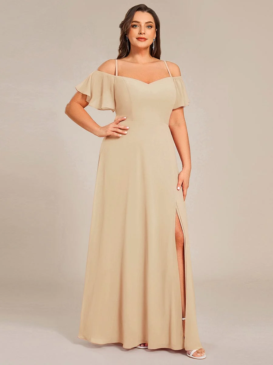 pretty REYA|Plus-Size Cold-Shoulder V-neck Bridesmaid Dress with Side Slit - Image 87