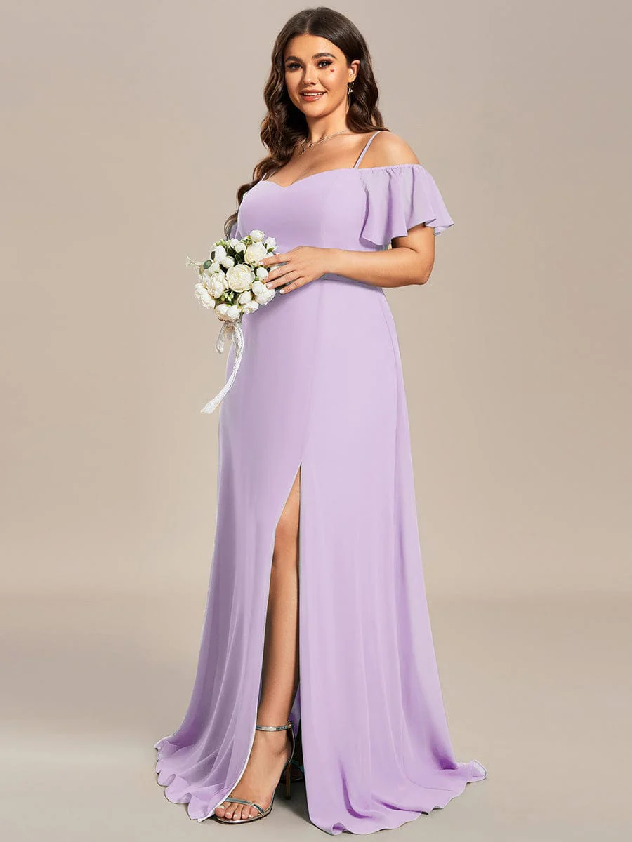 pretty REYA|Plus-Size Cold-Shoulder V-neck Bridesmaid Dress with Side Slit - Image 95
