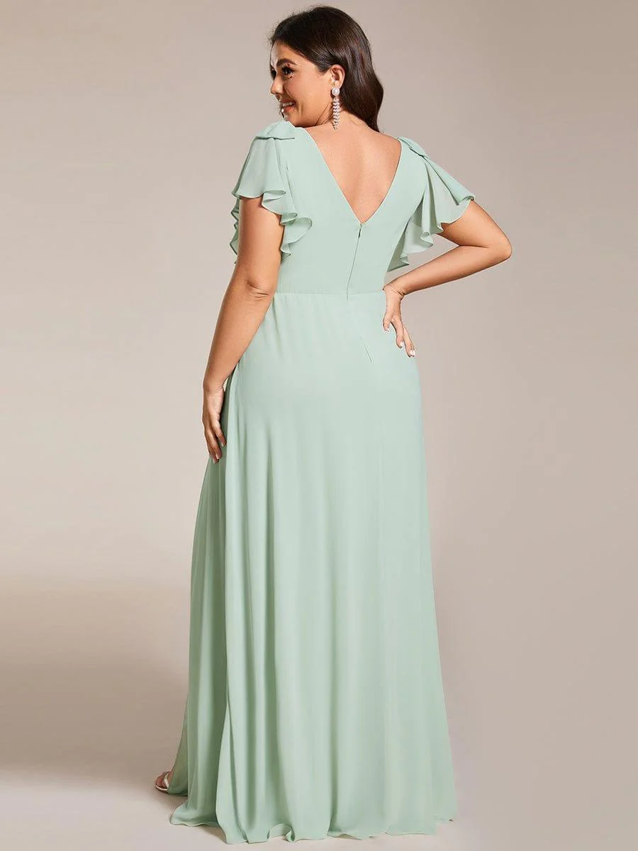 pretty ROSY|Plus Size Double V-Neck High Split Bridesmaid Dress with Ribbon Bow - Image 7