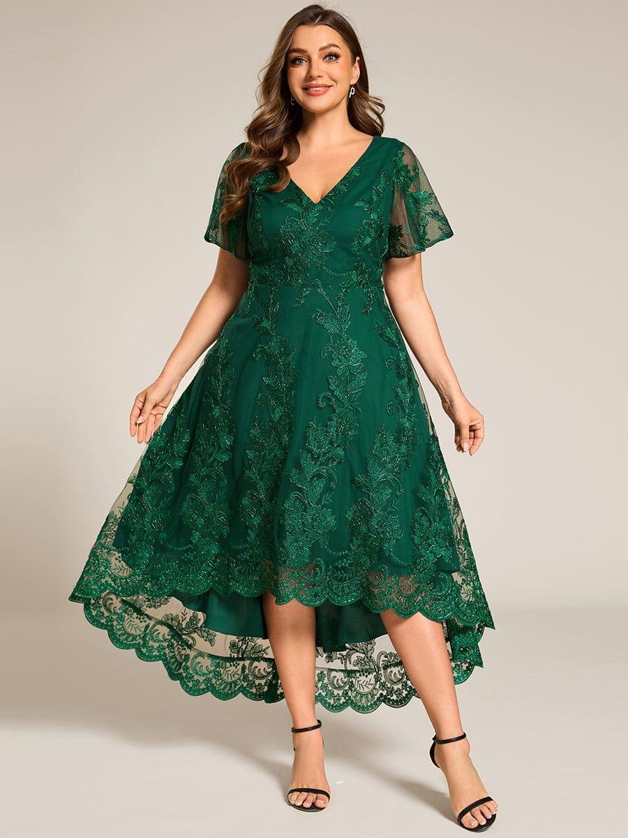 pretty TIDAL|Plus Size Embroidered Mesh High-Low Midi Wedding Guest Dress with Short Sleeves - Image 6