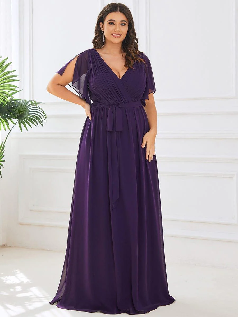 pretty LEORA|Plus Size V-Neck Floor-Length Chiffon Evening Dress - Image 25