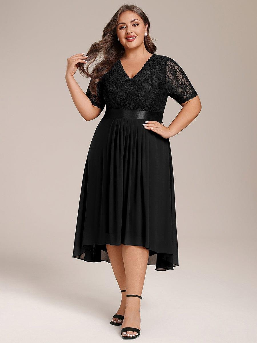 pretty JOLEN|Plus Size Half Sleeve V Neck Midi Wedding Guest Dress With Lace - Image 6