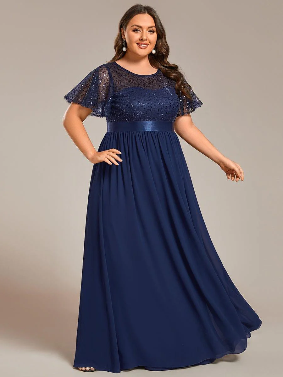Plus Size High Waist Sequin Round-Neck Short-Sleeved Evening Dress - Image 6