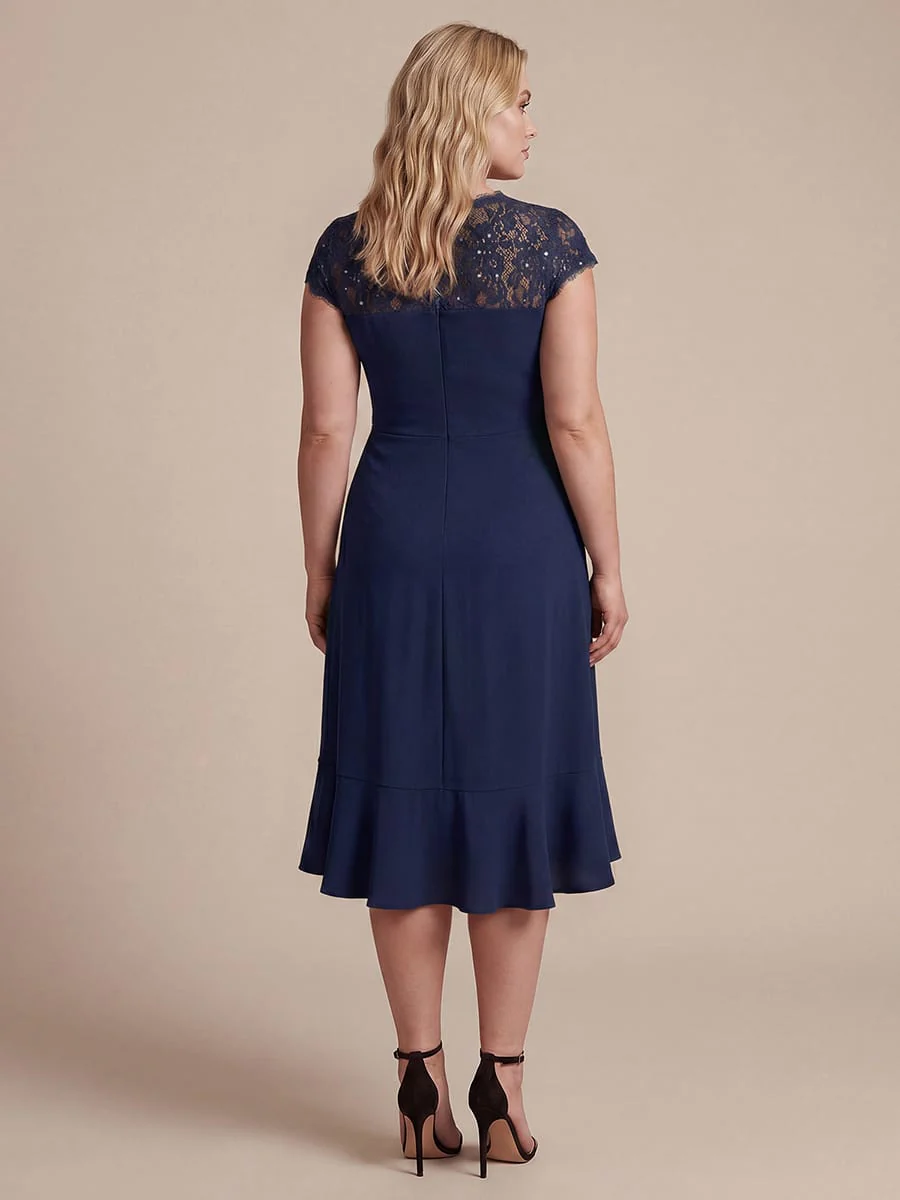 Plus Size Elegant Cap Sleeve Lace Patchwork Midi Mermaid Wedding Guest Dress - Image 13