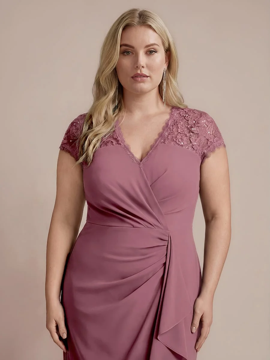 Plus Size Elegant Cap Sleeve Lace Patchwork Midi Mermaid Wedding Guest Dress - Image 17