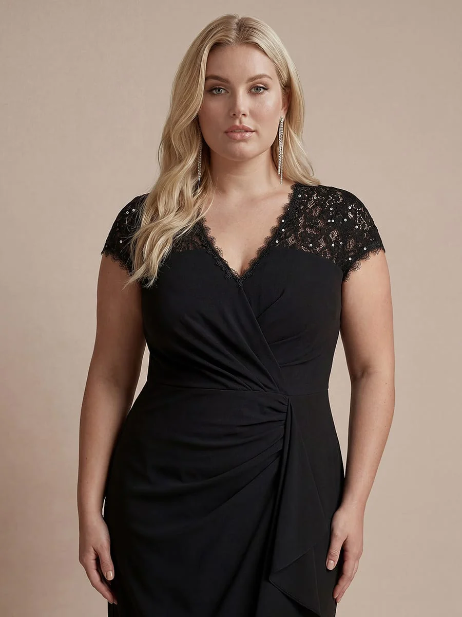 Elegant Cap Sleeve Lace Patchwork Midi Mermaid Wedding Guest Dress - Image 8