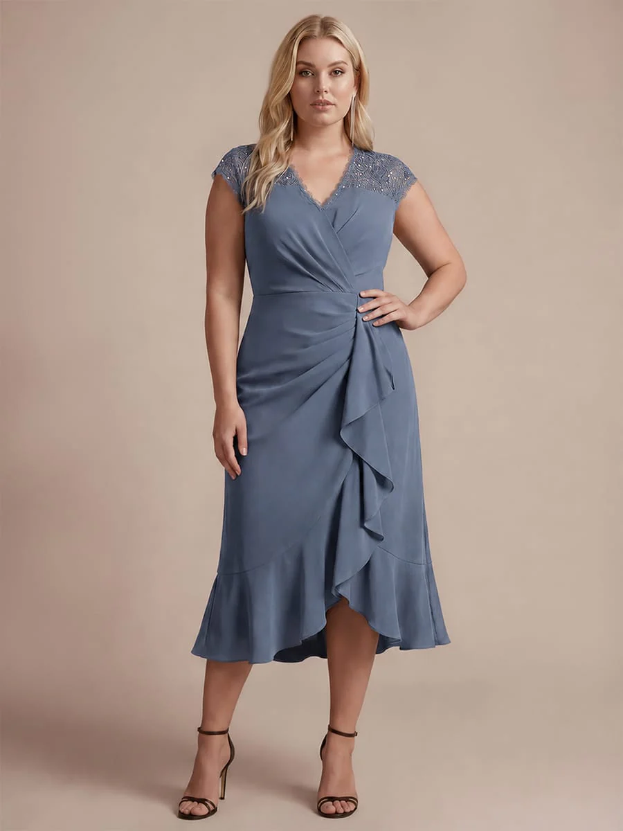 Plus Size Elegant Cap Sleeve Lace Patchwork Midi Mermaid Wedding Guest Dress - Image 9
