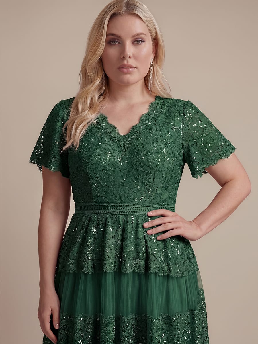 Plus Size High Stretch Lace Spliced A-Line Ruffle Sleeve Patchwork Wedding Guest Dress - Image 13