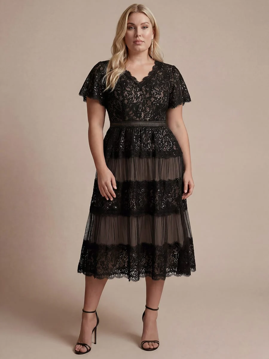 Plus Size High Stretch Lace Spliced A-Line Ruffle Sleeve Patchwork Wedding Guest Dress - Image 3
