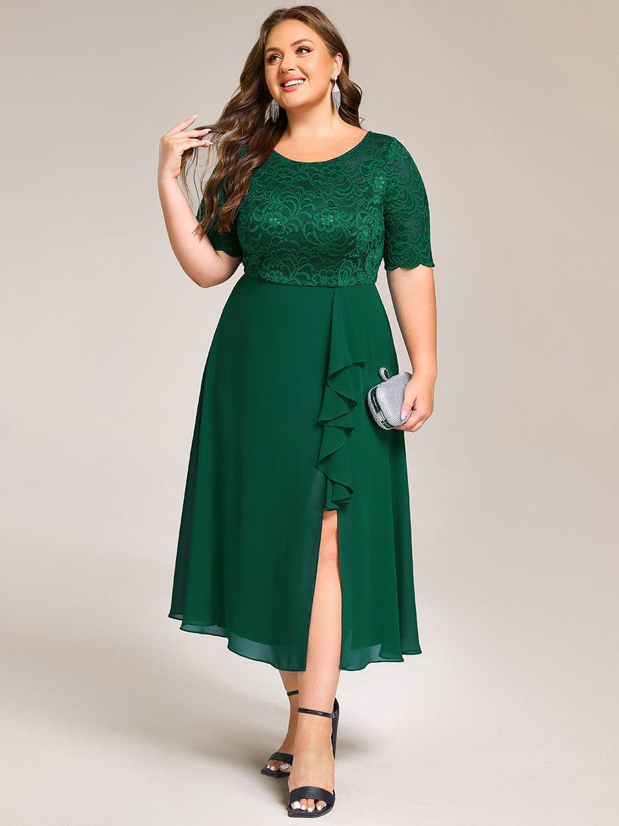 pretty NYLA|Plus Size Lace Top Short Sleeve Split Round Neck Evening Dress - Image 9