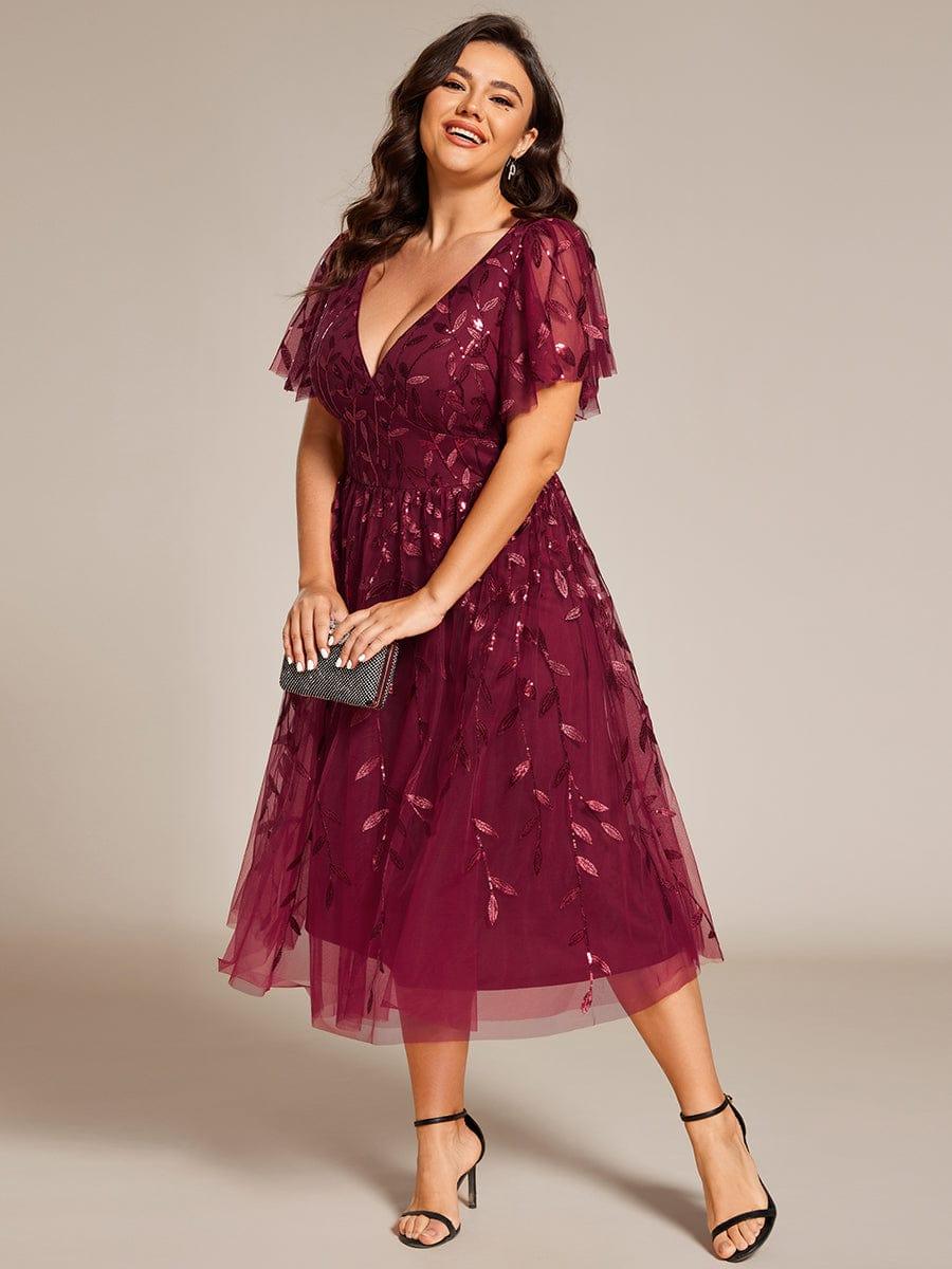 pretty SIMONE|Plus Size Leaf Sequin Tulle Midi Wedding Guest Dress - Image 12
