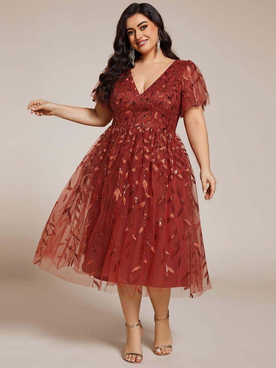 pretty SIMONE|Plus Size Leaf Sequin Tulle Midi Wedding Guest Dress - Image 35