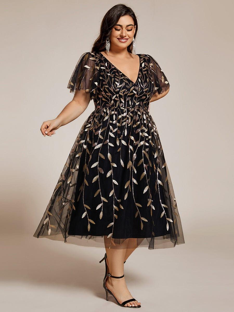 pretty SIMONE|Plus Size Leaf Sequin Tulle Midi Wedding Guest Dress - Image 39