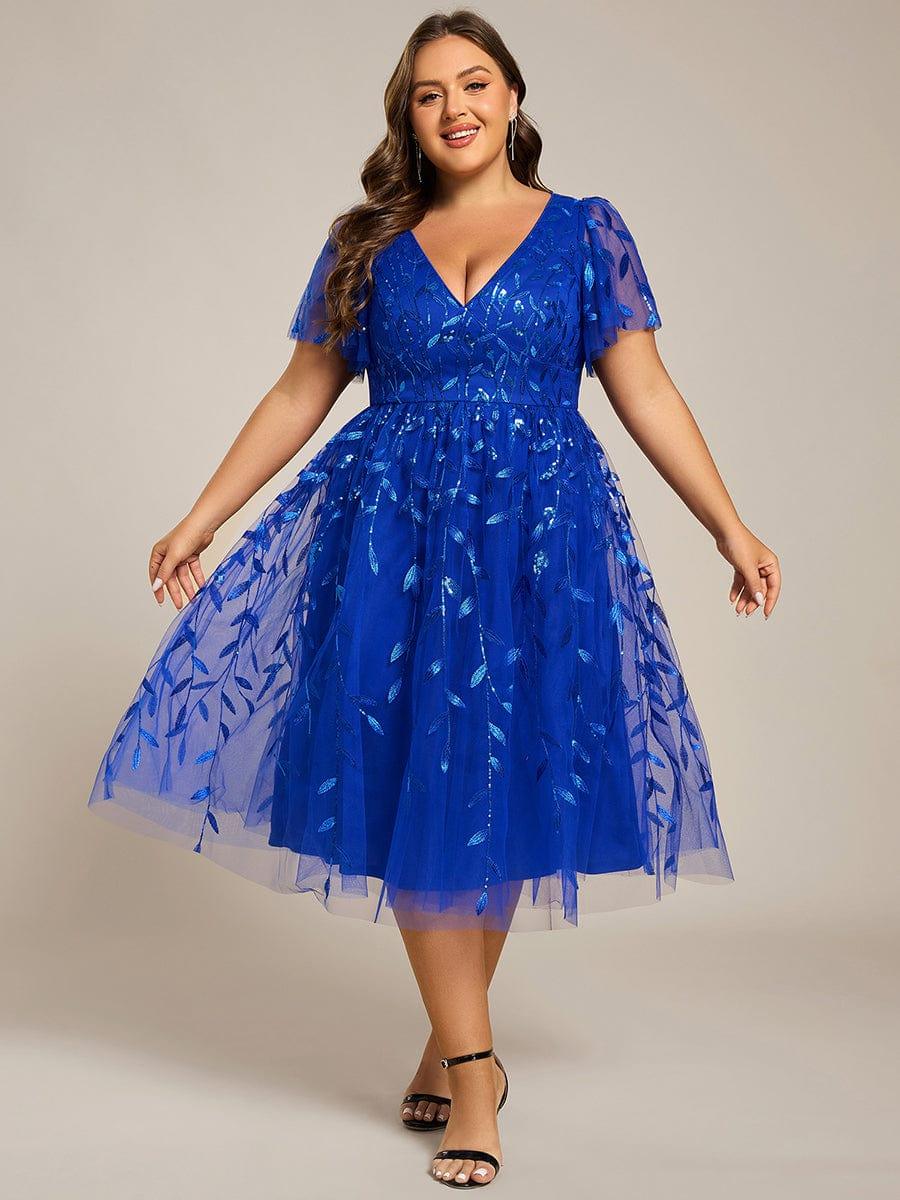 pretty SIMONE|Plus Size Leaf Sequin Tulle Midi Wedding Guest Dress - Image 45