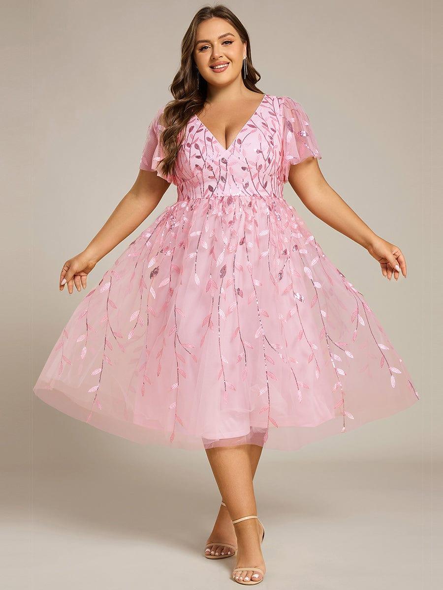 pretty SIMONE|Plus Size Leaf Sequin Tulle Midi Wedding Guest Dress - Image 50