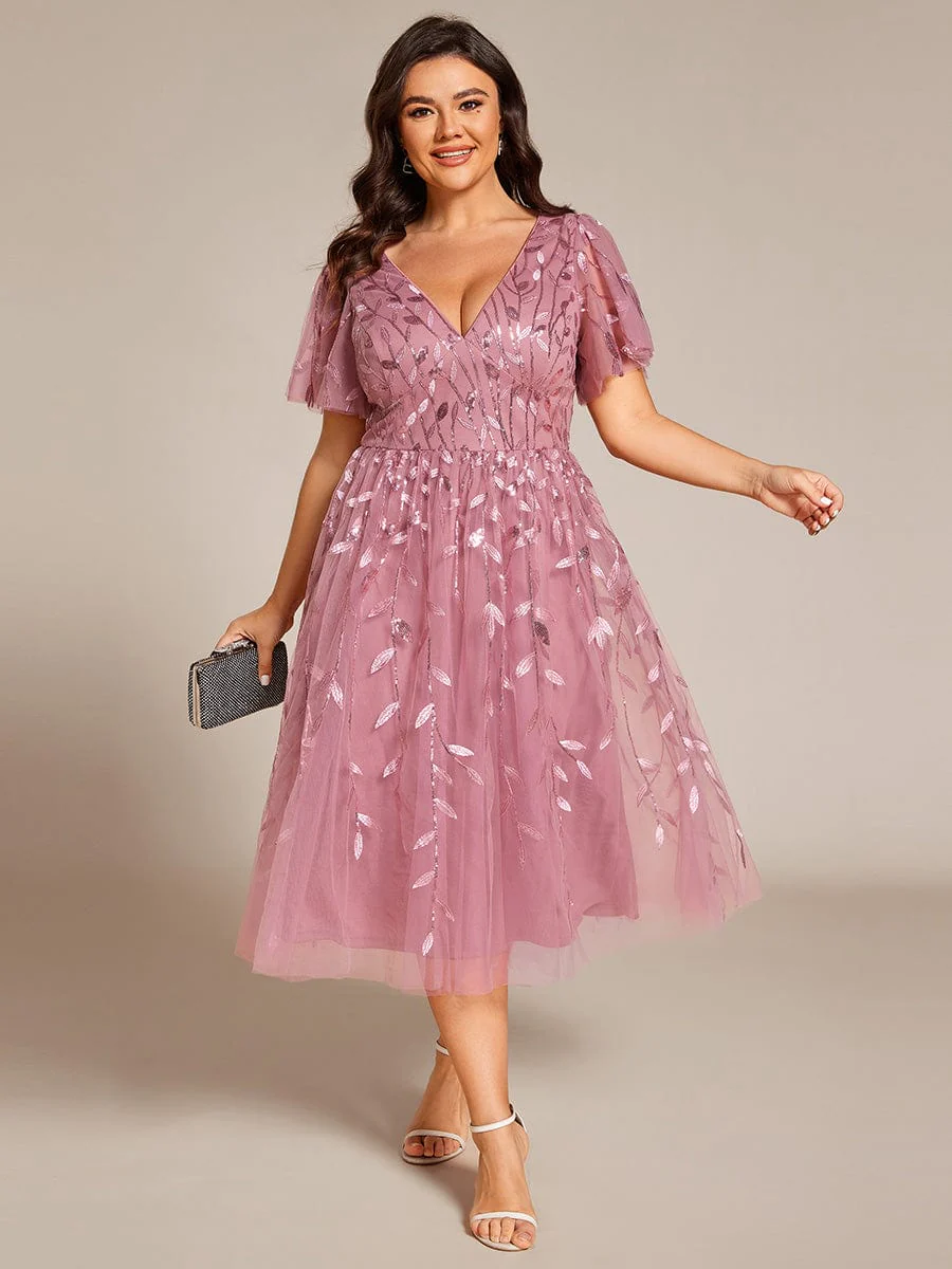 pretty SIMONE|Plus Size Leaf Sequin Tulle Midi Wedding Guest Dress - Image 51