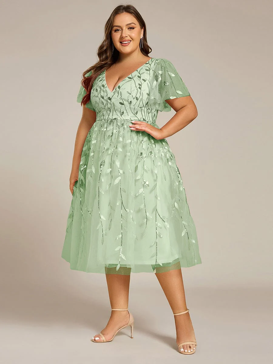 pretty SIMONE|Plus Size Leaf Sequin Tulle Midi Wedding Guest Dress - Image 60