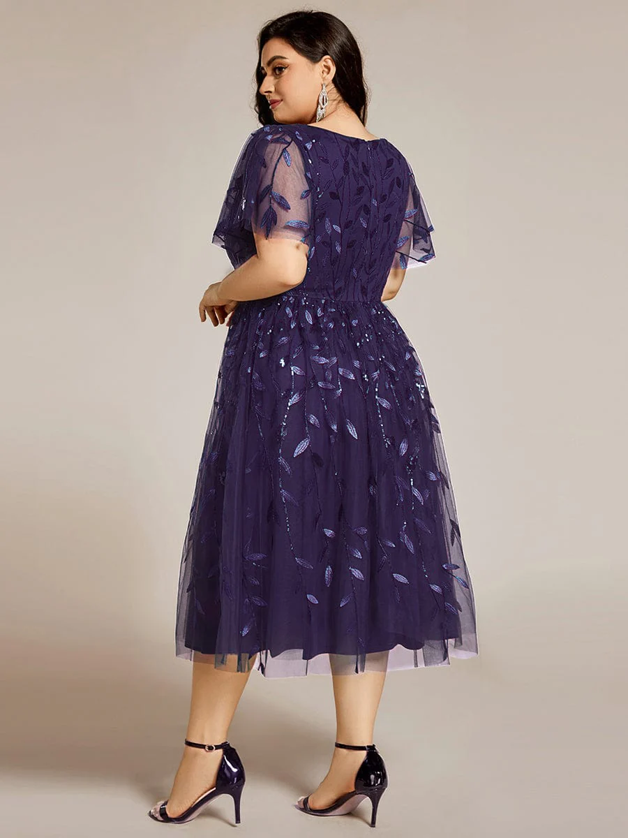 pretty SIMONE|Plus Size Leaf Sequin Tulle Midi Wedding Guest Dress - Image 62