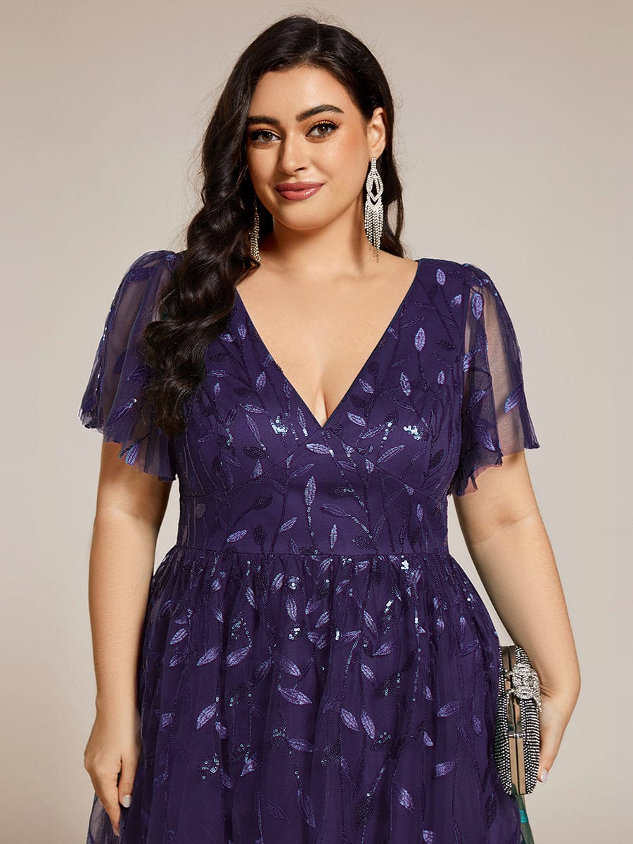 pretty SIMONE|Plus Size Leaf Sequin Tulle Midi Wedding Guest Dress - Image 63