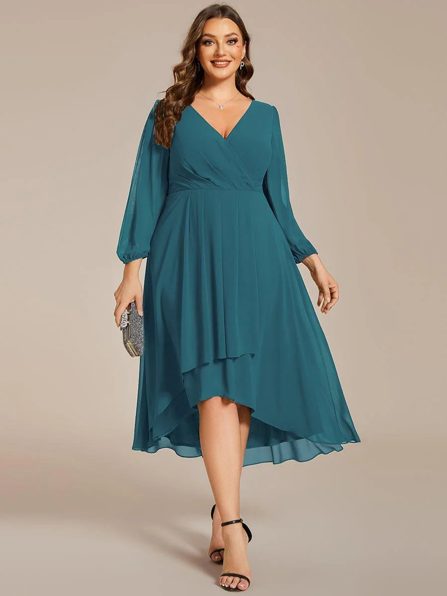 pretty BRIAR|Plus Size 3/4 Sleeve V-Neck Chiffon High Low Wedding Guest Dress - Image 11