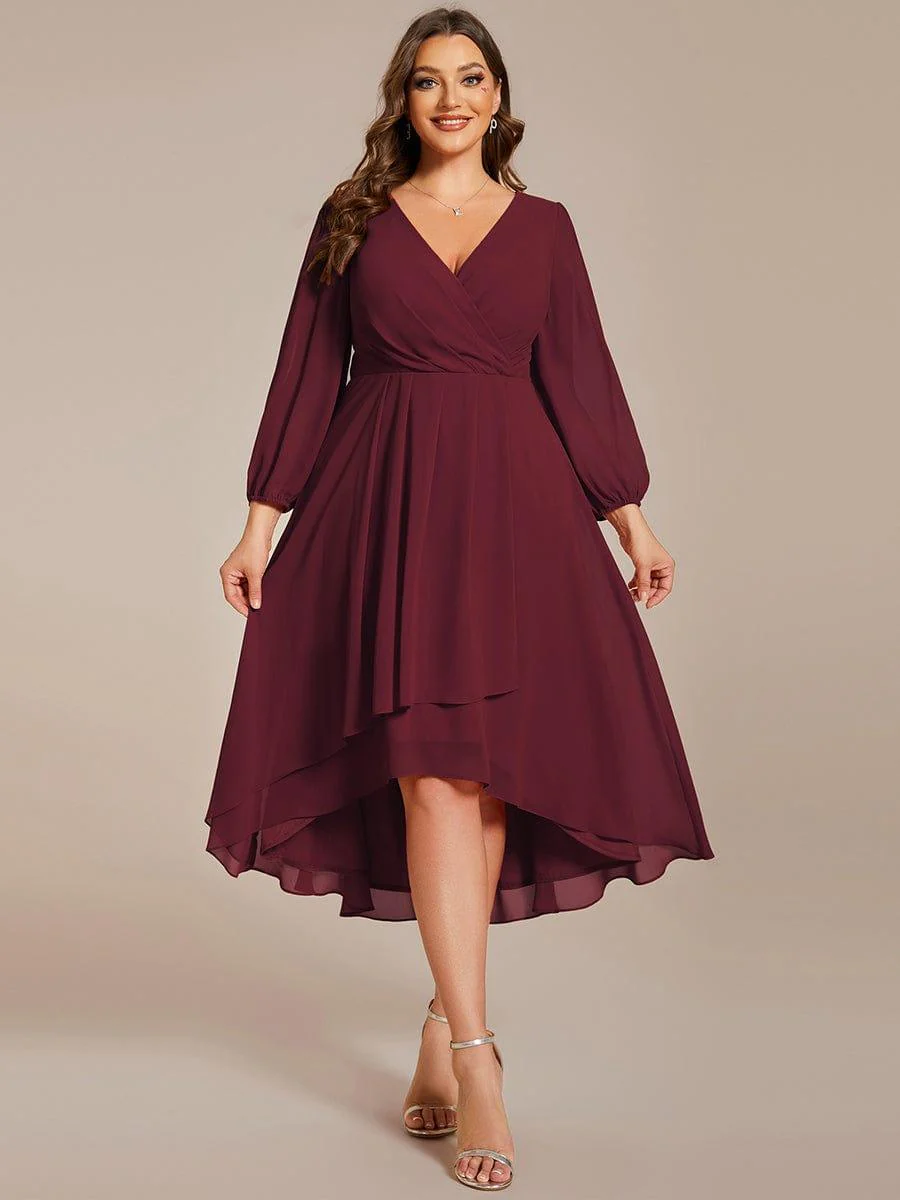 pretty BRIAR|Plus Size 3/4 Sleeve V-Neck Chiffon High Low Wedding Guest Dress - Image 22