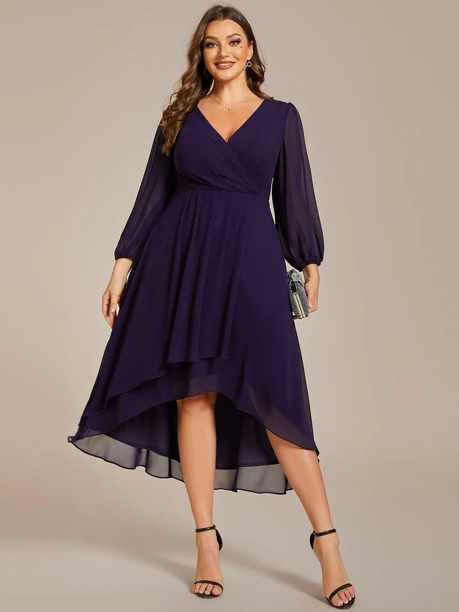 pretty BRIAR|Plus Size 3/4 Sleeve V-Neck Chiffon High Low Wedding Guest Dress - Image 23
