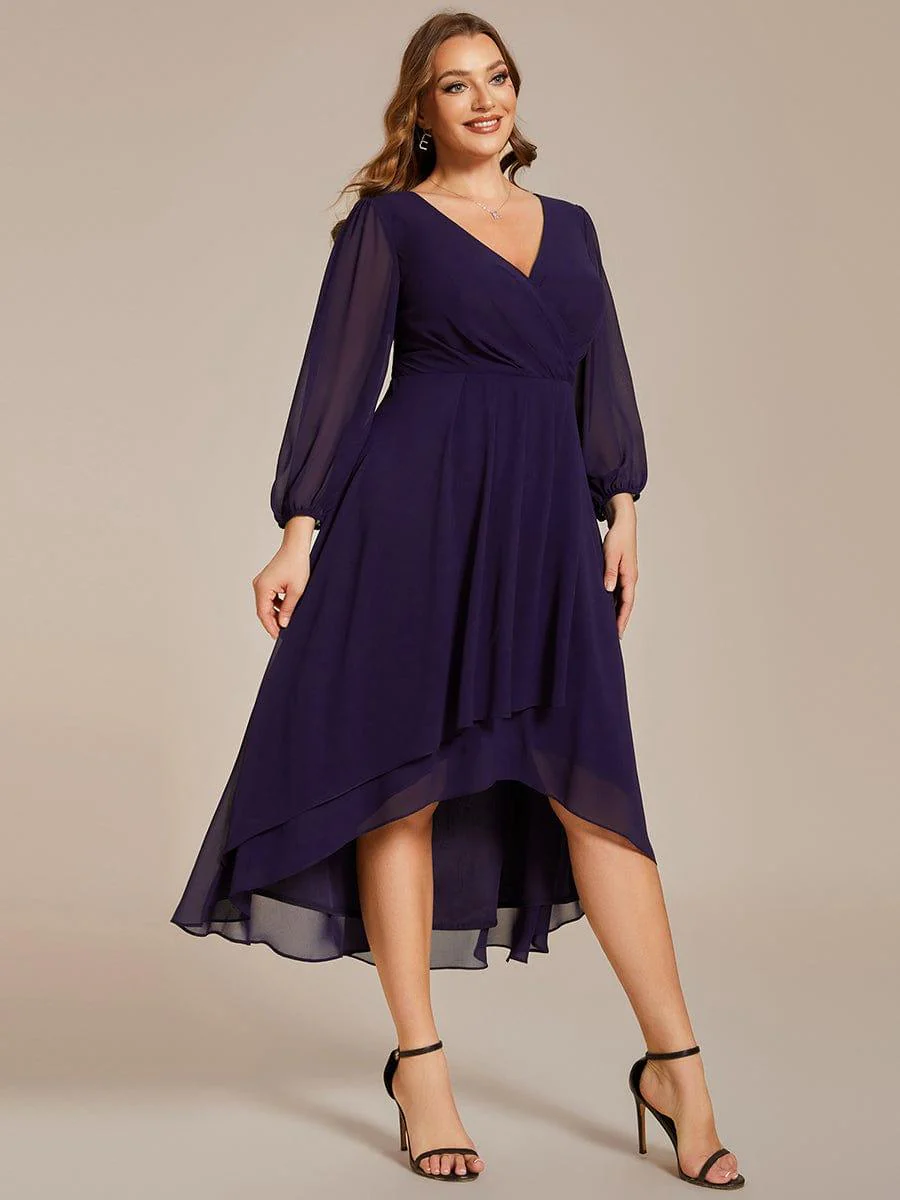 pretty BRIAR|Plus Size 3/4 Sleeve V-Neck Chiffon High Low Wedding Guest Dress - Image 26