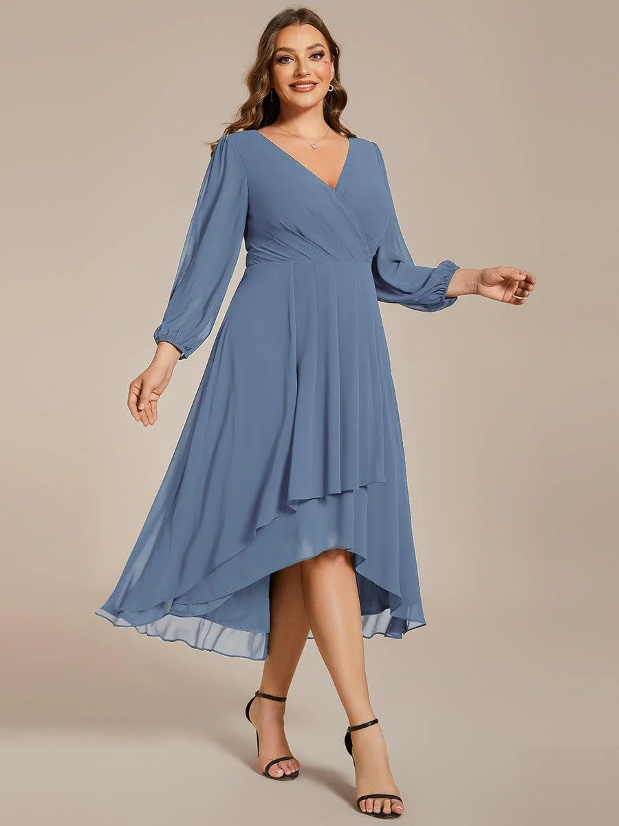 pretty BRIAR|Plus Size 3/4 Sleeve V-Neck Chiffon High Low Wedding Guest Dress - Image 44
