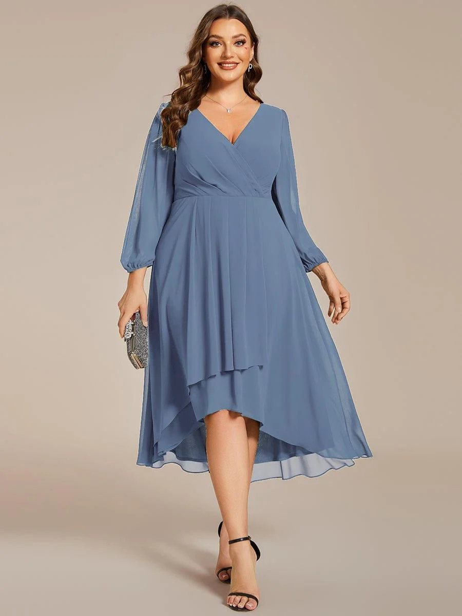 pretty BRIAR|Plus Size 3/4 Sleeve V-Neck Chiffon High Low Wedding Guest Dress - Image 45