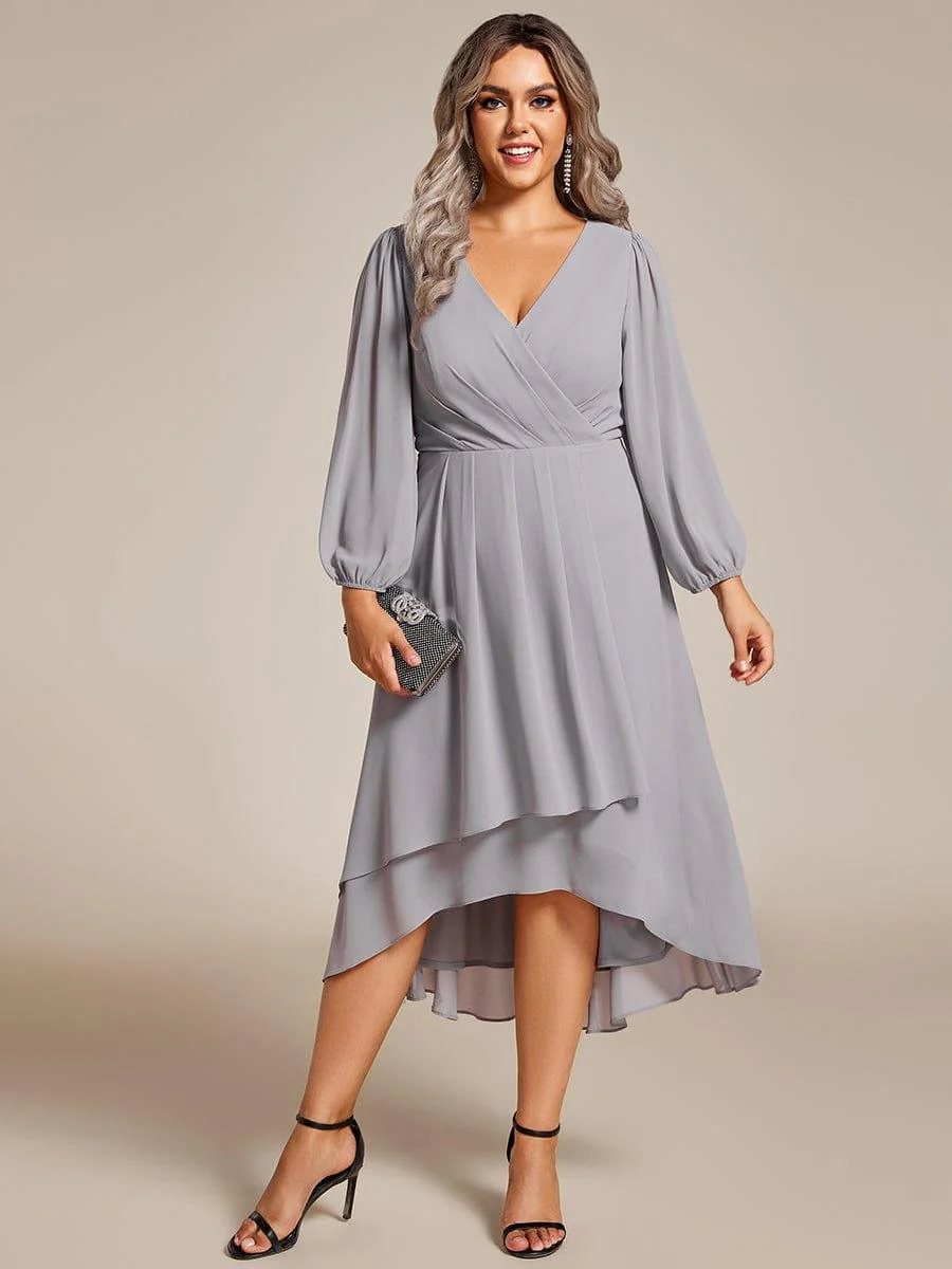 pretty BRIAR|Plus Size 3/4 Sleeve V-Neck Chiffon High Low Wedding Guest Dress - Image 64