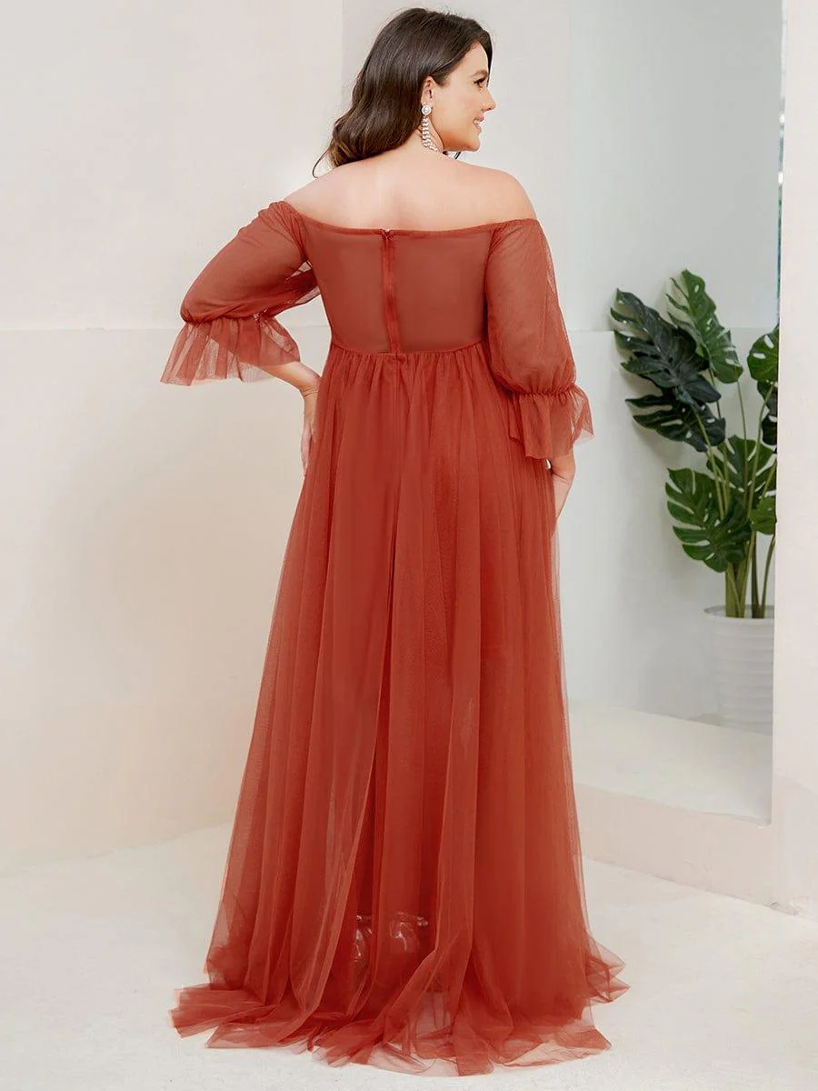 Plus Size Off the Shoulder Pleated Maxi Tulle Maternity Dress - Image 2