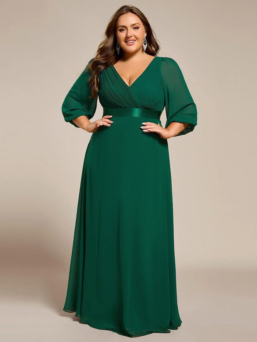 pretty OLIVIA|Plus Size Pleated Chiffon Long Sleeve Empire Waist Maxi Evening Dress - Image 18