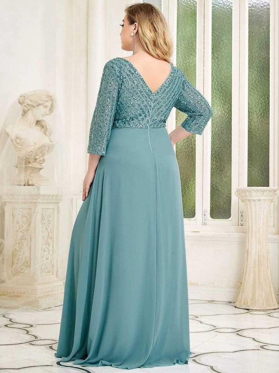 pretty LUENA|Plus Size Sexy V Neck A-Line Sequin Evening Dress with Sleeve - Image 12