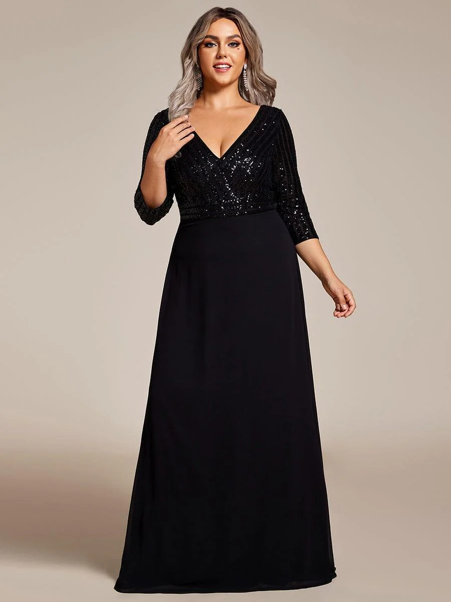 pretty LUENA|Plus Size Sexy V Neck A-Line Sequin Evening Dress with Sleeve - Image 31